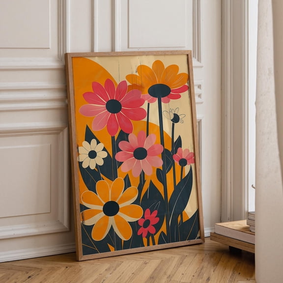 1960S Floral Wall Art Retro Daisy Flower Mid Century Modern Botanical Decor Mustard Yellow 60S Mod Art, Stretched Canvas