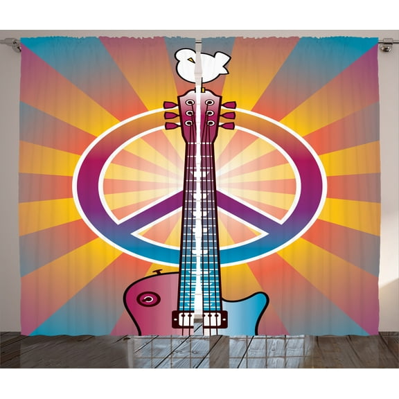 Ambesonne Hippie Curtains 2 Panel Set, Guitar Peace, 108" x 90", Multicolor