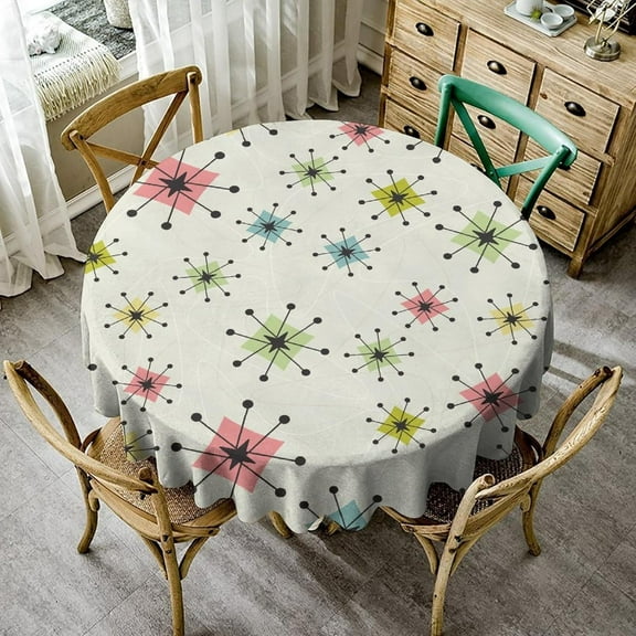 1960s Mid Century Tablecloth, Abstract Geometric Retro 1950s Atomic Star Pattern Table Cloth for Holiday Home Picnic Party Outdoor Indoor Wedding Buffet Parties Camping, Round(60x60in)