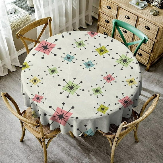 1960s Mid Century Tablecloth, Abstract Geometric Retro 1950s Atomic Star Pattern Table Cloth for Holiday Home Picnic Party Outdoor Indoor Wedding Buffet Parties Camping, Round(60x60in)