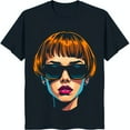 1960s Pop Art Women's Portrait TShirt Stylish Bob & Sunglasses