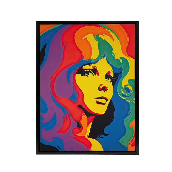 1960s Psychedelic Rainbow Woman Portrait Black Framed Canvas Art Print 12X16"