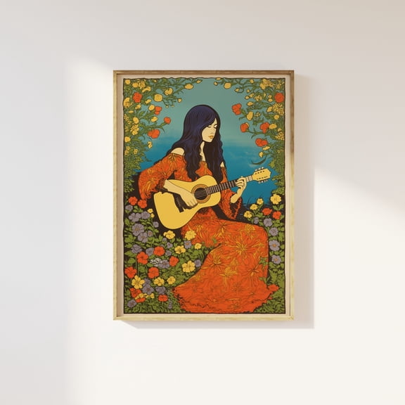 1960s female hippie playing guitar art print | 1960s hippie, colourful flower power, retro 60s 70s painting nostalgia, funky groovy peace,