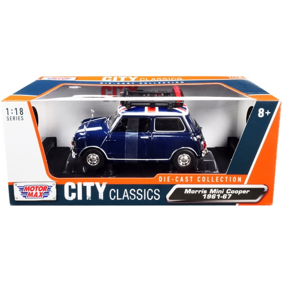 Motormax 1-18 Scale Right Hand Drive 1961-1967 Morris Mini Cooper Classics Diecast Model Car with British Flag on the Top & Roof Rack City, Dark Blue