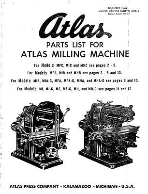 Instruction Manual ONLY for 1962 Atlas Part List For Milling Machine ...