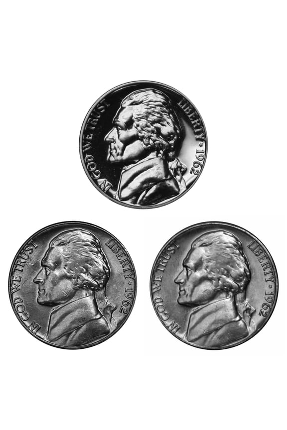 1962 Jefferson Nickel Year Set - Philadelphia and Denver BU Plus Proof 3 Coins
