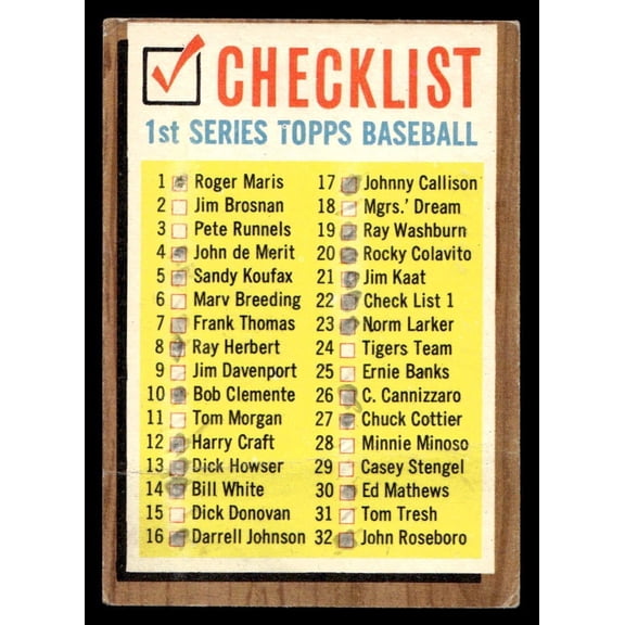1962 Topps 1st Series Checklist 1-88 CL ERR Baseball Card #22 Marked Low Grade Filler