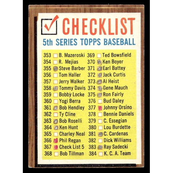 1962 Topps Marked 5th Series Checklist 353-429 CL Baseball Card 367