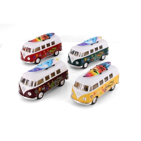 1962 Volkswagen Classical Bus w/Surfboard, Box of 12 Assortment - Kinsmart 5060DFS - 1/32 Scale Diecast Model Cars