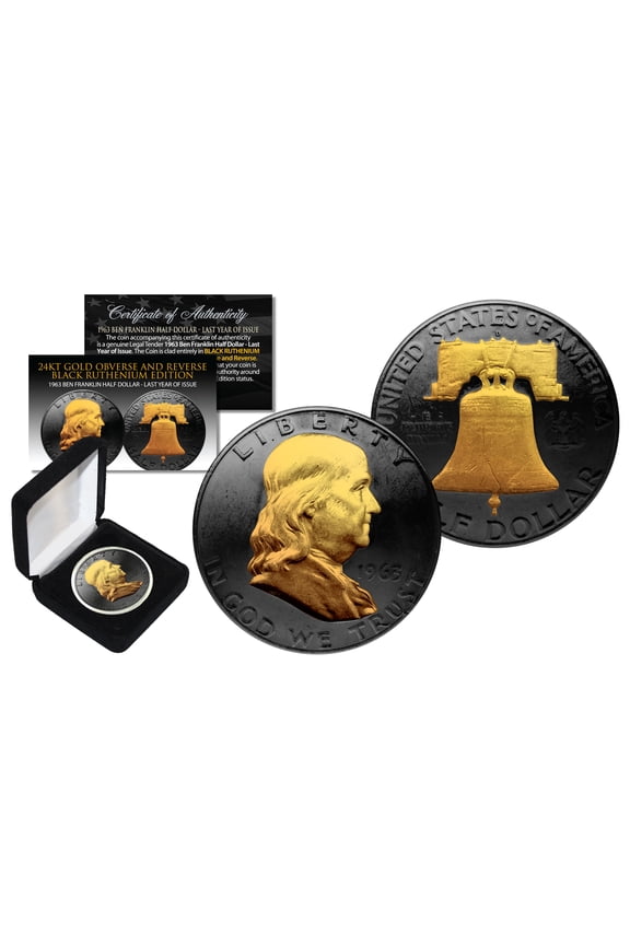 1963 BLACK RUTHENIUM Ben Franklin Half Dollar Coin w/ 24K GOLD features 2-Sided