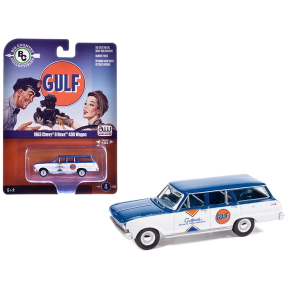 1963 Chevrolet II Nova 400 Wagon "Gulf" Blue and White with Blue Interior 1/64 Diecast Model Car by Auto World
