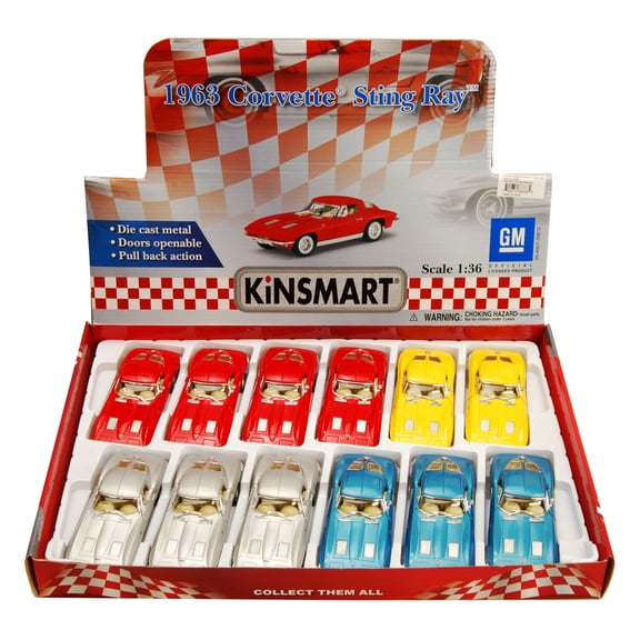 1963 Chevy Corvette Stingray Diecast Car Package - Box of 12 1/36 scale Diecast Model Cars, Assorted Colors