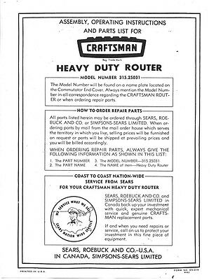 25031 Router Insert 1963 Craftsman 315.25031 Heavy Duty Router Form EN-216 Instructions ...