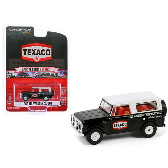 1963 Harvester Scout "Texaco" Black with White Top and Red Interior 1/64 Die cast Model Car by Greenlight