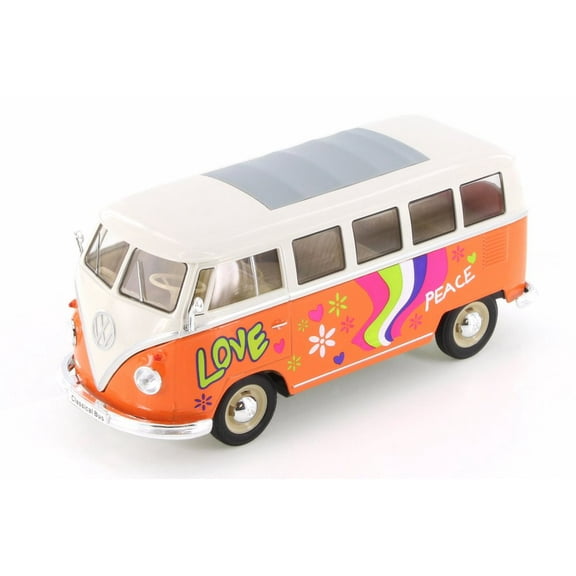 1963 Volkswagen Classical T1 Bus w/ Love/Peace Decals, Orange - Welly 22095A1WOR - 1/24 Scale Diecast Model Toy Car