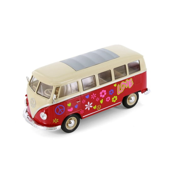 1963 Volkswagen Classical T1 Bus w/Love/Peace Decals, Red - Welly 22095A3/4D - 1/24 Scale Diecast Model Car