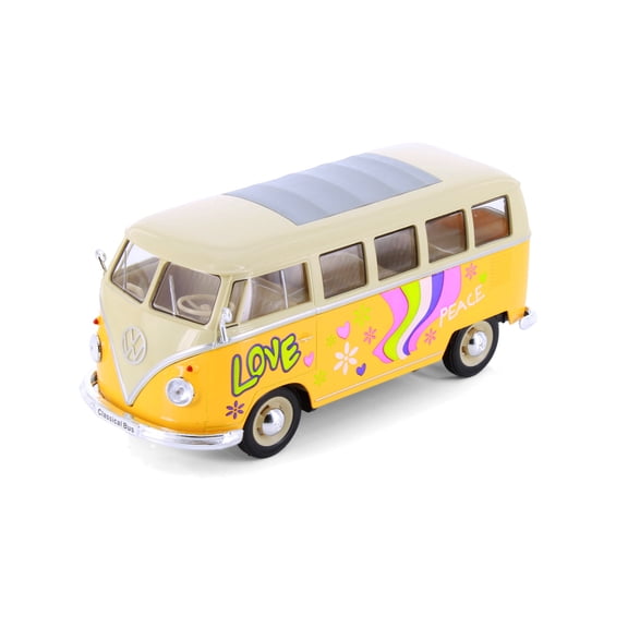 1963 Volkswagen Classical T1 Bus w/ Love/Peace Decals, Yellow - Welly 22095A1/4D - 1/24 Scale Diecast Model Toy Car (Brand New but NO BOX)