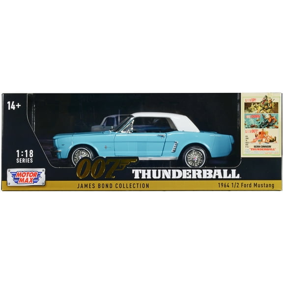 1964 1/2 Ford Mustang Light Blue with White Top James Bond 007 "Thunderball" (1965) Movie 1/18 Diecast Model Car by Motormax
