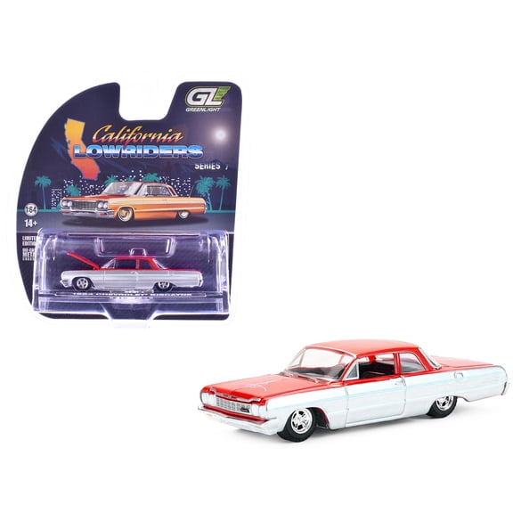1964 Chevrolet Biscayne Lowrider Silver Metallic and Red Two-Tone 1/64 Scale Diecast Model Cars by Greenlight