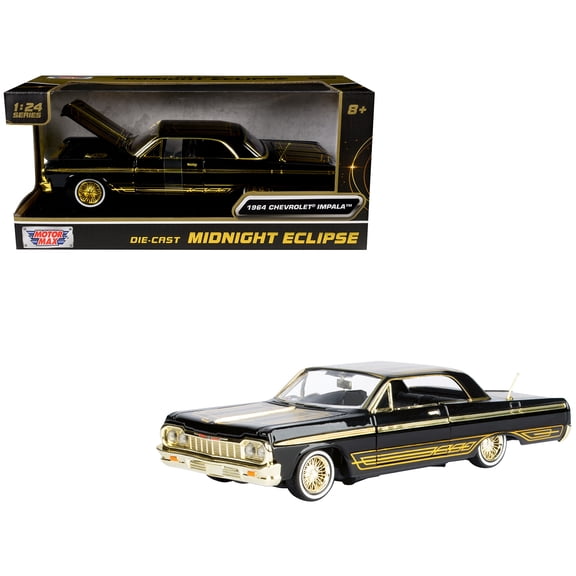 1964 Chevrolet Impala Lowrider Black with Gold Graphics and Wheels "Midnight Eclipse" Series 1/24 Diecast Model Car by Motormax