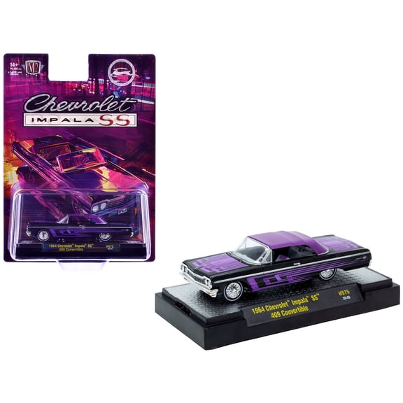 1964 Chevrolet Impala SS 409 Convertible Black Metallic with Purple Graphics and Purple Soft Top Limited Edition to 11000 pieces Worldwide 1/64 Diecast Model Car by M2 Machines