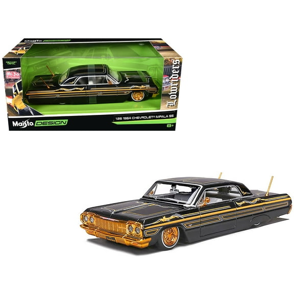 1964 Chevrolet Impala SS Lowrider Black Metallic with Gold Graphics and Gray Interior "Lowriders" "Maisto Design" Series 1/26 Diecast Model Car by Maisto