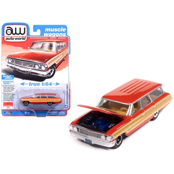 1964 Ford Country Squire Poppy Red with Woodgrain Sides "Muscle Wagons" 1/64 Diecast Model Car by Auto World