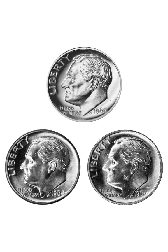 1964 Roosevelt Dime 10c Year Set - P, D and Proof 90% Silver - 3-Coin U.S. Lot
