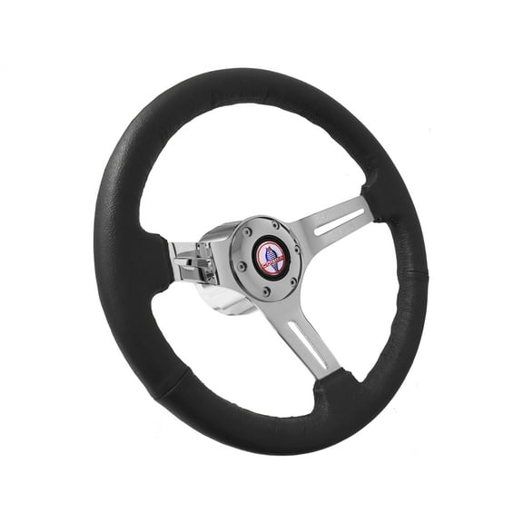 1965-67 Ford Mustang; VSW S6 Black Leather Wrapped Steering Wheel Chrome Kit with Cobra Emblem