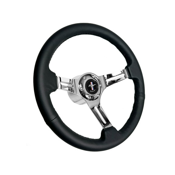 1965-67 Ford Mustang; VSW S6 Black Leather Wrapped Steering Wheel Chrome Kit with Running Pony Emblem