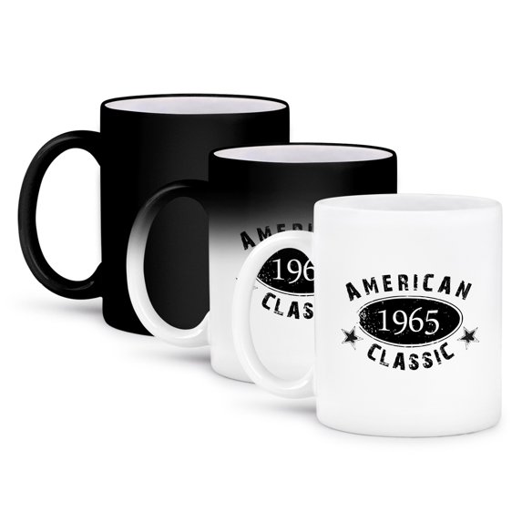 3dRose, 1965 American Classic - Personalized Birth Year Birthday gift - black grunge vintage look - funny, 11oz Magic Transforming Mug