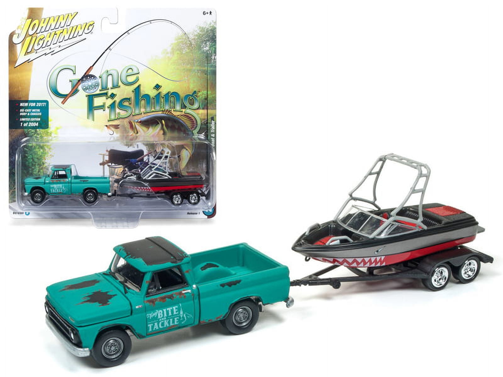 1965 Chevrolet Truck Green with Boat and Trailer "Gone Fishing" 1/64 Diecast Model Car  by Johnny Lightning
