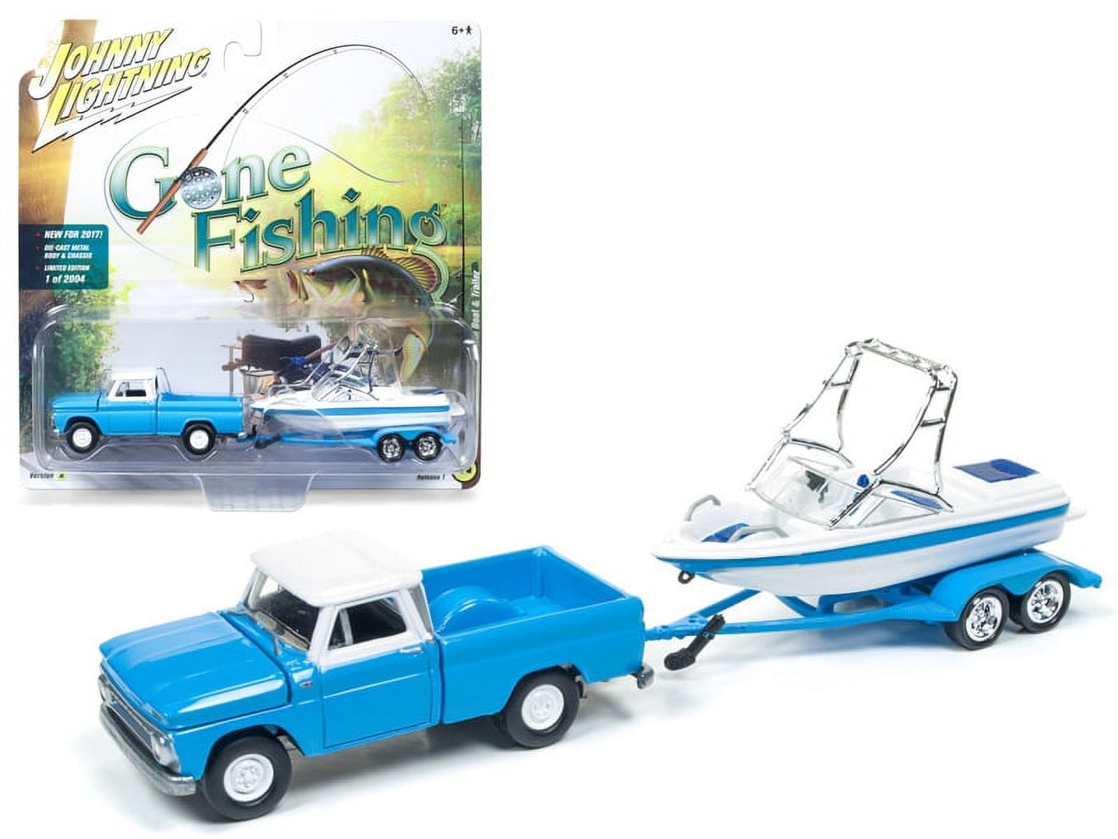 1965 Chevrolet Truck Light Blue with Boat and Trailer Gone Fishing 1/64  Diecast Model Car by Johnny Lightning 