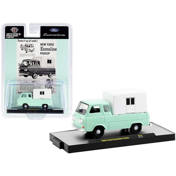 1965 Ford Econoline Pickup Truck with Camper Shell Mint Green and White Limited Edition to 4400 pieces Worldwide 1/64 Diecast Model Car by M2 Machines