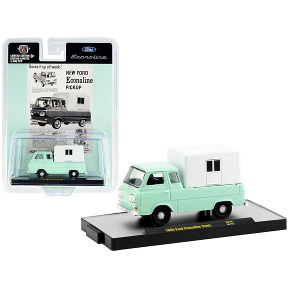 1965 Ford Econoline Pickup Truck with Camper Shell Mint Green and White Ltd Ed to 4400 pcs 1/64 Diecast Model Car by M2 Machines