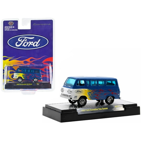 1965 Ford Econoline Van Gasser Blue Metallic with Flames Limited Edition to 6050 pieces 1/64 Diecast Model Car by M2 Machines