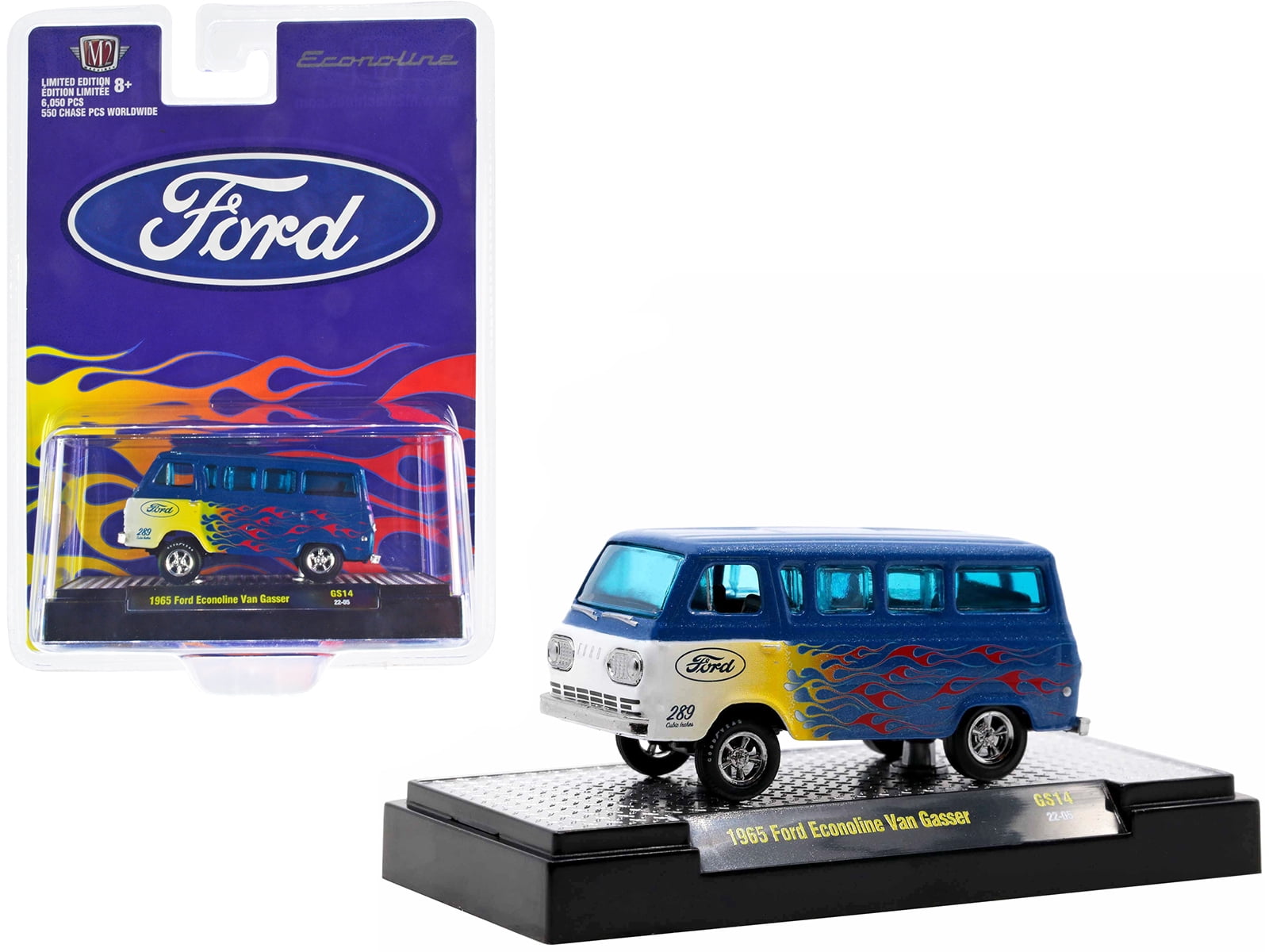 M2 Machines 1965 Ford Econoline Van Gasser - Blue Metallic With Flames, 1/64 Scale Diecast Limited Edition Model Car