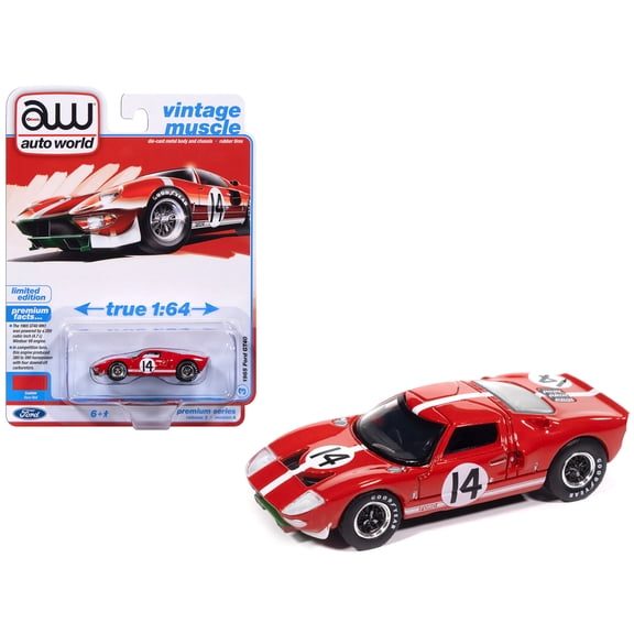 1965 Ford GT40 #14 Red with White Stripes "Vintage Muscle" Series 1/64 Diecast Model Car by Auto World