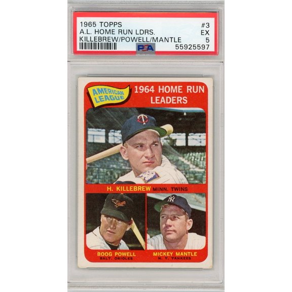 1965 Topps A. L. Home Run Ldrs. #3 Killebrew Powell Mantle PSA 5