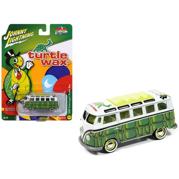 1965 Volkswagen Samba Bus "Turtle Wax" White and Green with Graphics "Pop Culture" 2025 Release 1 1/64 Diecast Model Car by Johnny Lightning