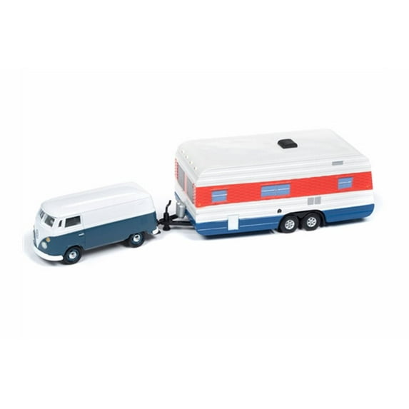 1965 Volkswagen Transporter with Vintage Mobile Home, Dove Blue and White - Round 2 JLTG001/36B - 1/64 scale Diecast Model Toy Car