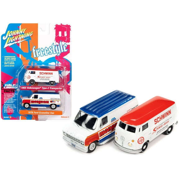 1965 Volkswagen Type 2  Van White w/ Red Top & 1976 Ford Econoline White w/Graphics 1/64 Diecast Model Cars by Johnny Lightning
