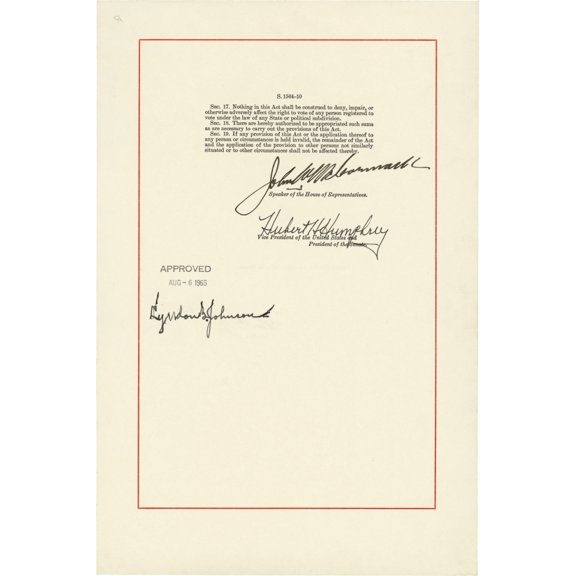 1965 Voting Rights Act. Last Page With Signatures Speaker Of The House History (24 x 36)