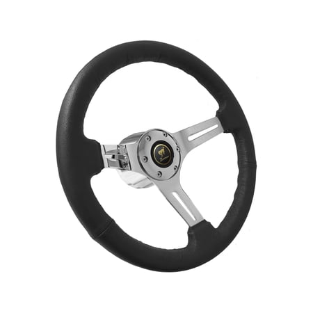 1966-1972 Ford Bronco; VSW S6 Black Leather Wrapped Steering Wheel Chrome Kit