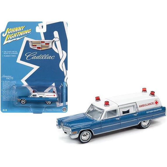 1966 Cadillac Ambulance Blue Metallic and White "Special Edition" 1/64 Diecast Model Car by Johnny Lightning
