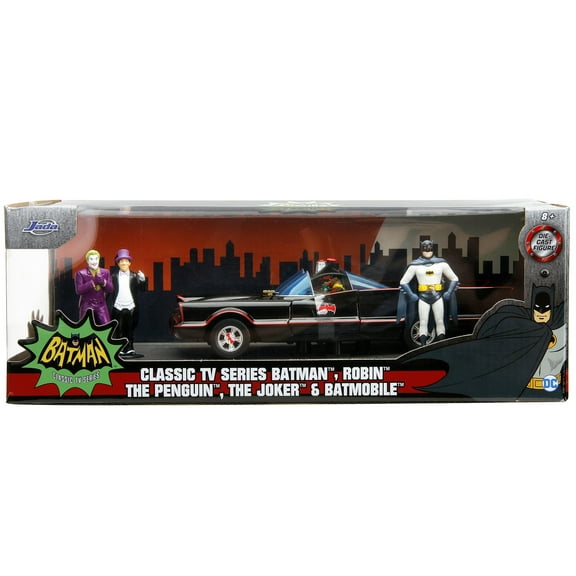 1966 Classic Batmobile with Diecast Batman The Joker The Penguin and Plastic Robin Sitting Inside The Car "Batman" TV Series (1966) "Hollywood Rides" Series 1/24 Diecast Model Car by Jada