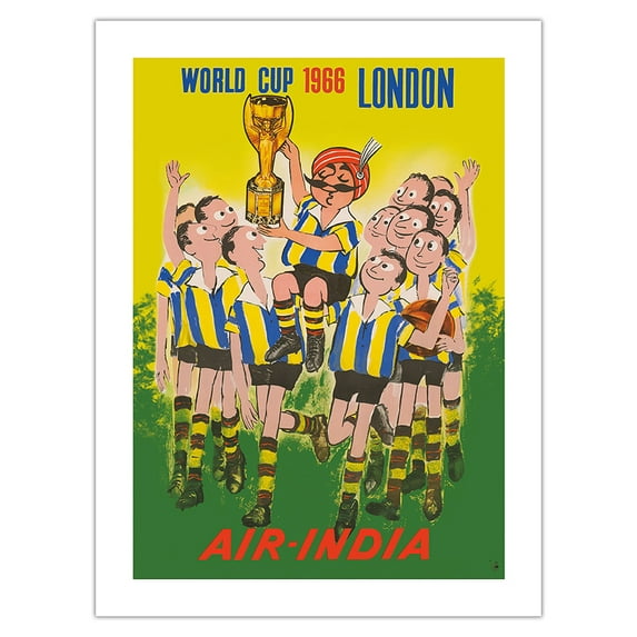 1966 World Cup London England - Air India - Maharajah Soccer Player - Vintage Airline Travel Poster by Umesh Rao c.1960s - Fine Art Matte Paper Print (Unframed) 24x32in