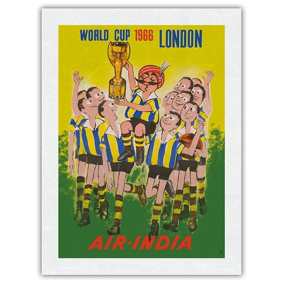 1966 World Cup London England - Air India - Maharajah Soccer Player - Vintage Airline Travel Poster by Umesh Rao c.1960s - Japanese Unryu Rice Paper Art Print (Unframed) 18 x 24 in