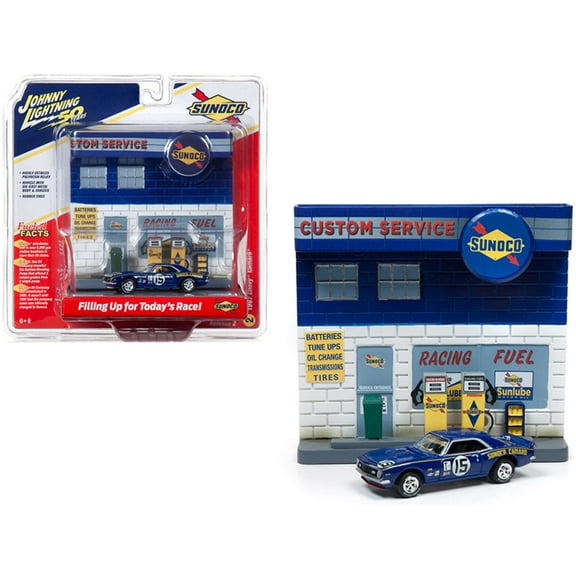 1967 Chevrolet Camaro #15 "Sunoco" & "Sunoco" Exterior Service Gas Station Facade Diorama 1/64 Diecast Johnny Lightning
