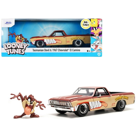 1967 Chevrolet El Camino Brown and Beige with Graphics and Tasmanian Devil (Taz) Diecast Figure "Looney Tunes" "Hollywood Rides" Series 1/24 Diecast Model Car by Jada